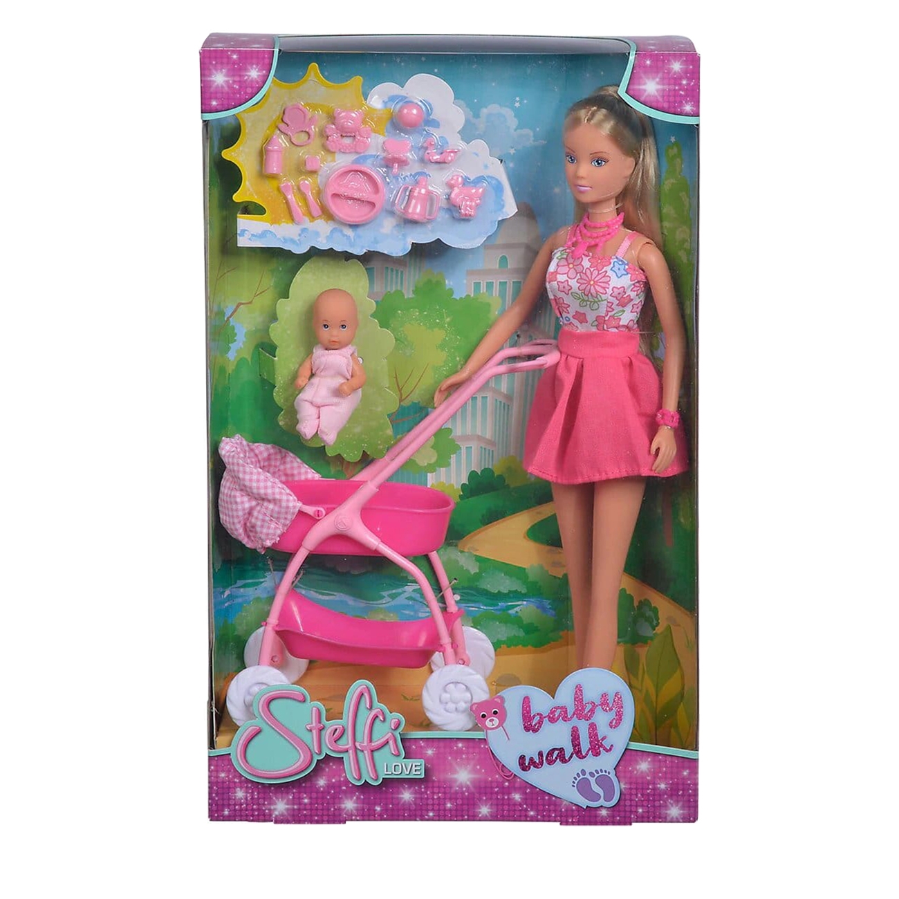 Steffi Love Papusi Papusa Cu Rochita Roz si Carucior Bebe 