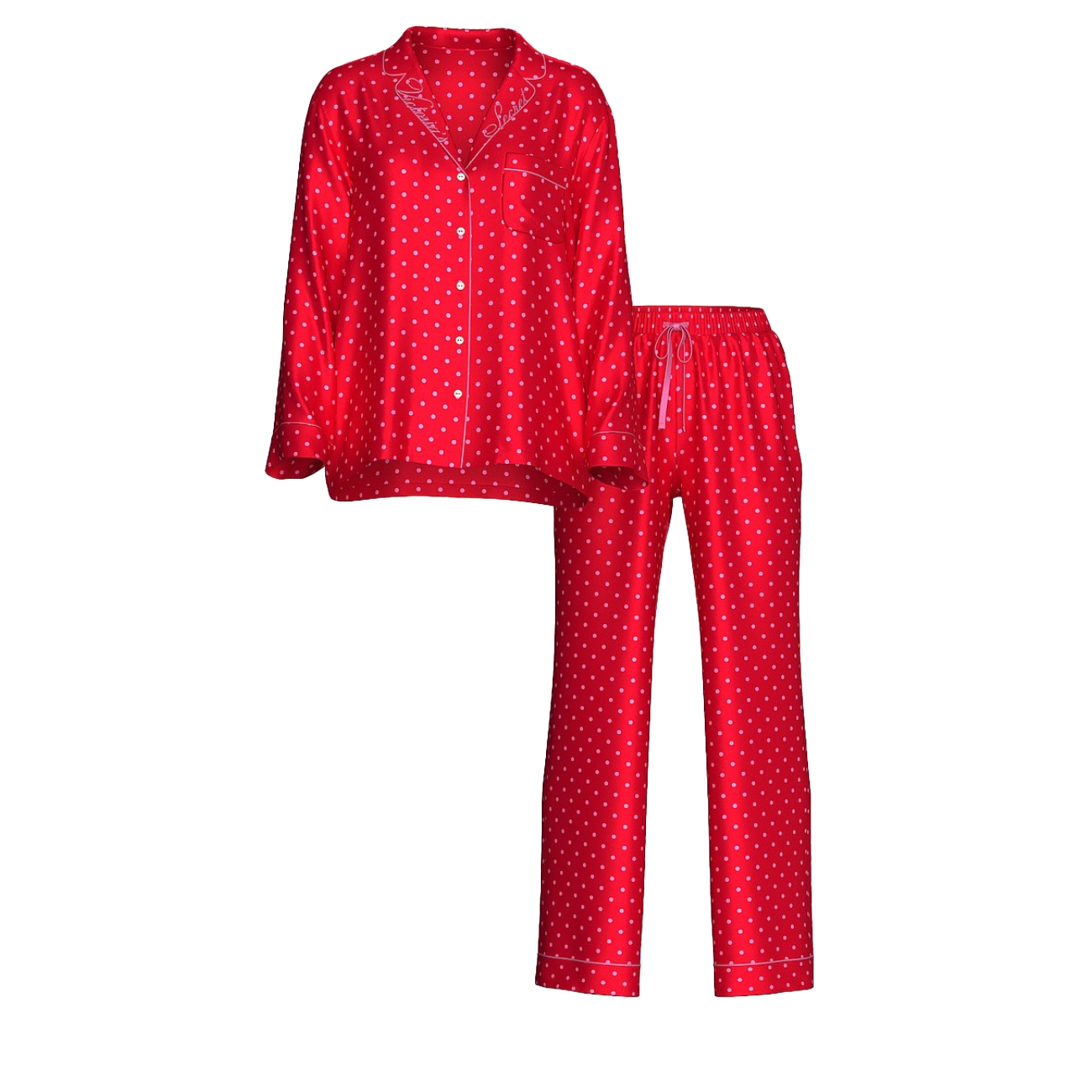 Victoria's Secret Pijamale Glazed Satin Long Pajama Set - Red XL